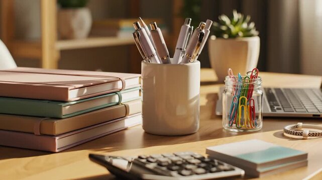 Organized Desk with Office Supplies and Laptop for Productive Work.