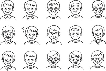 Minimalist Line Art Avatar Icons Of Diverse Senior Men In Black And White