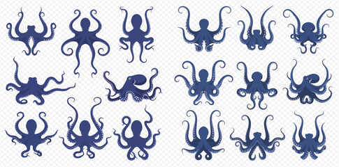 Collection of various dark blue octopus silhouettes with different tentacle poses, isolated on a transparent background. © MuammarAuliyan
