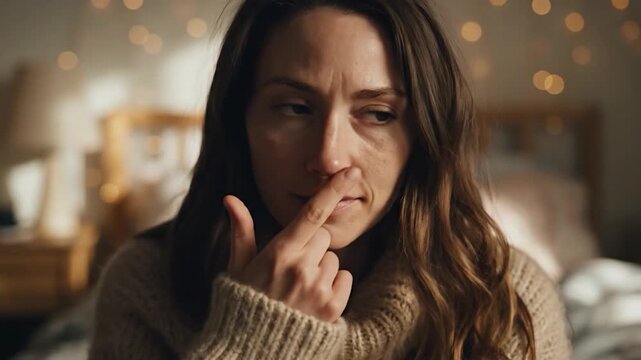 A thoughtful woman in a cozy sweater touches her nose at home.