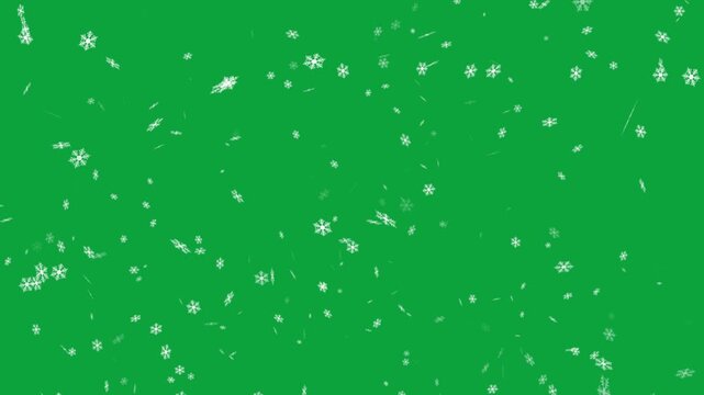 White Snowfall Effect animation on green screen background. snow flakes and bokeh lights green screen animation. Realistic snow fall- Looping snow flakes falling matte. Snowfall animation on green BG.