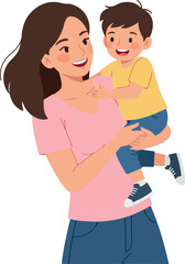 Mother Holding Son Smiling Pink Shirt Blue Jeans Flat Design Illustration