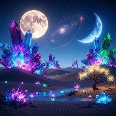 Glowing crystalline formations illuminate an otherworldly nocturnal desert landscape under a starry expanse