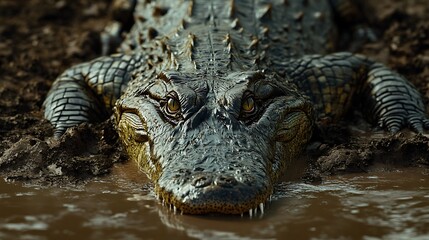 Obraz premium Crocodile Resting in Mud, Eyes Staring Intently at the Viewer
