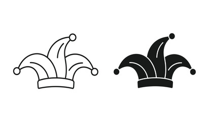 Naklejka premium Two jester hats in black and white line art and solid fill