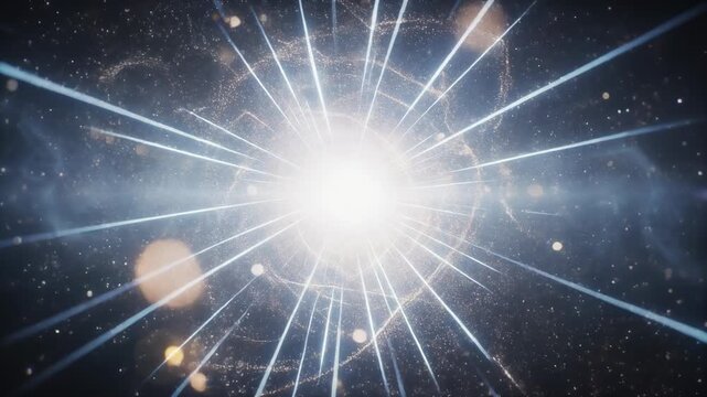 Bright cosmic explosion with radiant light beams and sparkling particles in deep space
