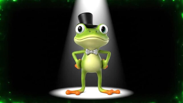 A dancing frog character in a spotlight, wearing a top hat, standing confidently on stage with a dramatic green backdrop.