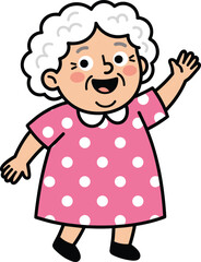 Obraz premium Happy cartoon grandmother waving hand, cute elderly woman character illustration in pink polka dot dress, senior lady mascot isolated flat vector design