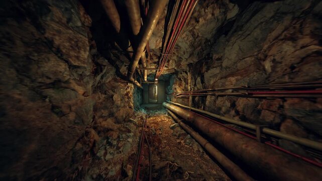 vertical maintenance shaft plunging into darkness, topdown perspective revealing concentric pipes and cables hugging rock walls, rope anchor and rescue