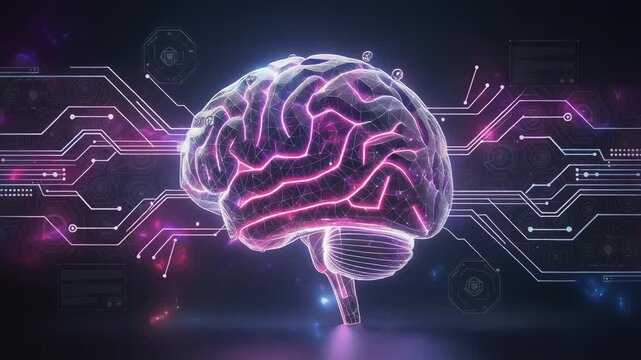 Futuristic digital brain with glowing neural network connections and abstract technology background