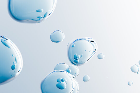 Floating blue transparent bubbles with liquid texture on a clean light background. Minimal 3D render for skincare serum, hydration, cosmetic science and biotechnology concept.