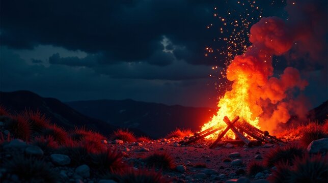 Fiery Bonfire Blazing Bright Against a Night Sky Backdrop of Silhouetted Mountains