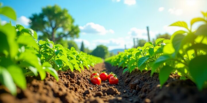 Vibrant Garden Rows Basking in Sunlight with Ripe Tomatoes Ready for Harvest