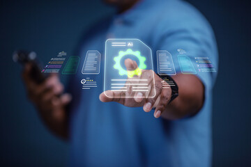 Fototapeta premium The businessman displays an interface showing digital quality assurance and certification symbols, representing high standards, ISO compliance, and professional business excellence.