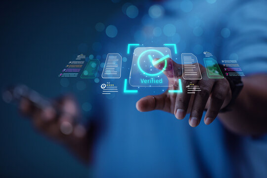 The businessman displays an interface showing digital quality assurance and certification symbols, representing high standards, ISO compliance, and professional business excellence.