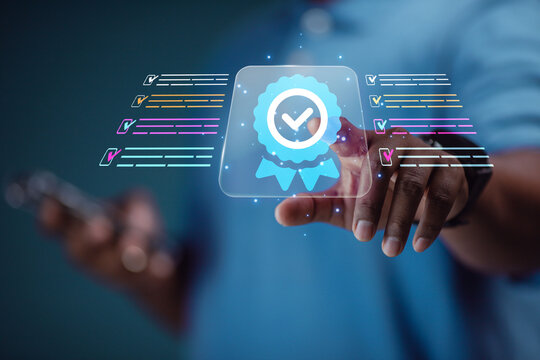 Businessman shows the best quality assurance with five gold stars for product warranty and service concept ISO technology.