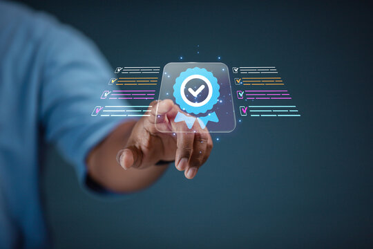 Businessman shows the best quality assurance with five gold stars for product warranty and service concept ISO technology.