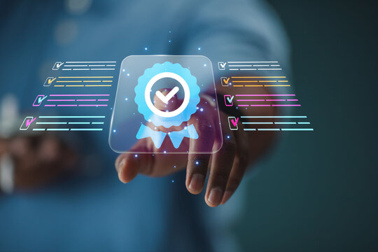 Businessman shows the best quality assurance with five gold stars for product warranty and service concept ISO technology.