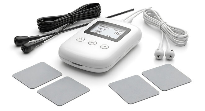 Portable electrotherapy device with electrode pads and cables for muscle stimulation and pain relief