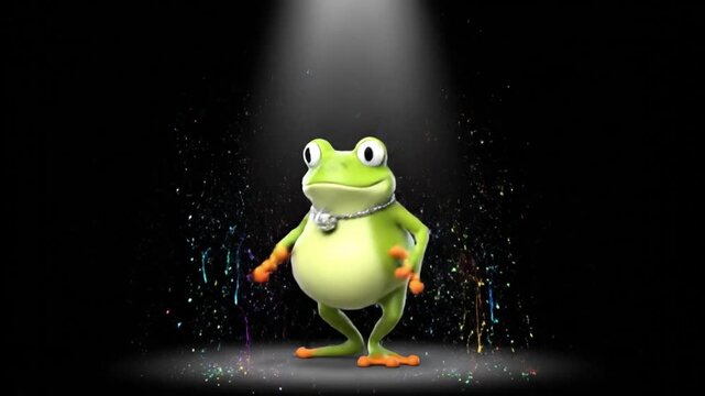 A dancing frog entertains on a sparkling stage under a spotlight