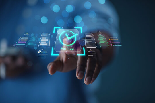 The businessman displays an interface showing digital quality assurance and certification symbols, representing high standards, ISO compliance, and professional business excellence.