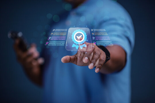 Businessman shows the best quality assurance with five gold stars for product warranty and service concept ISO technology.