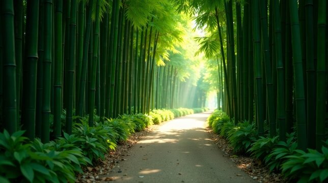 Serene Pathway Through Lush Green Bamboo Forest, Bathed in Sunlight, Creating a Tranquil and Peaceful Atmosphere
