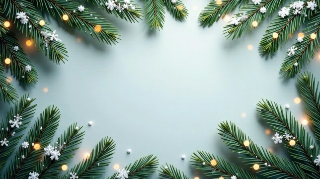 Serene Winter Holiday Frame with Evergreen Branches, Delicate Snowflakes, and Warm Lights