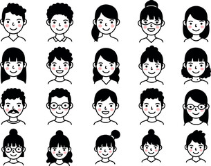 Pixel Art Avatars Diverse People Set Simple Line Drawings