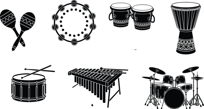 Percussion instruments vector set, maracas tambourine bongos djembe snare drum xylophone and drum kit silhouettes, musical rhythm collection illustration