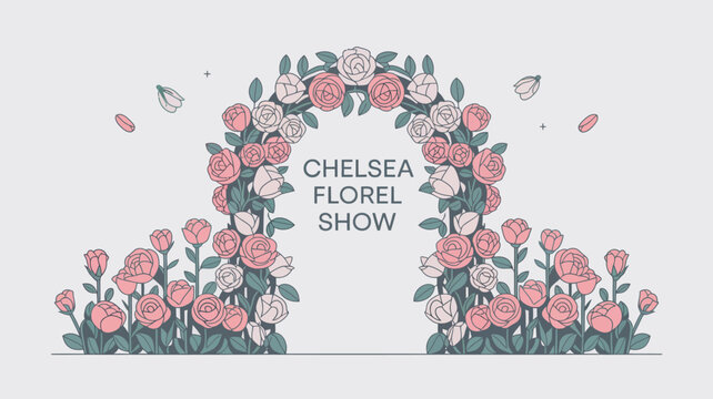 A beautiful floral arch with pink and white roses and green leaves at the Chelsea Florel Show
