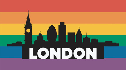 Fototapeta premium A vibrant illustration of the London city skyline set against a colorful rainbow background with a bold text overlay.