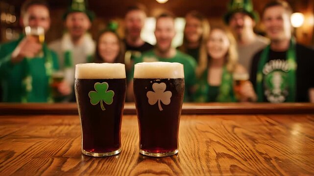 Hands place multiple dark Irish stout beer glasses with shamrock logos on a wooden bar, blurred happy friends in green St. Patricks Day attire cheer in background. Ideal for pub events,
