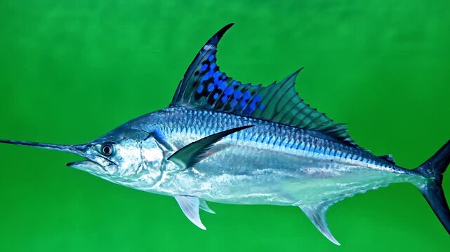 A majestic blue and silver sailfish with its distinctive large dorsal fin swimming in a vibrant green underwater environment.