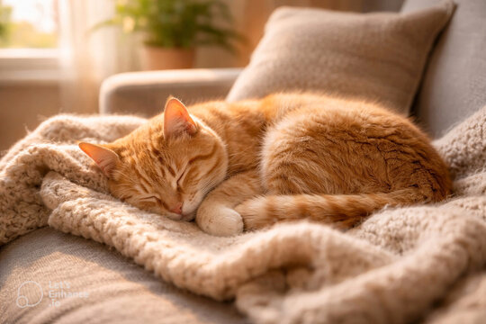 Gato durmiendo pl&aacute;cidamente en un sof&aacute; soleado