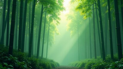 Obraz premium Serene Path Through a Misty Bamboo Grove, Sunlight Illuminating the Lush Green Canopy, Creating an Enchanting Atmosphere of Tranquility and Natural Beauty