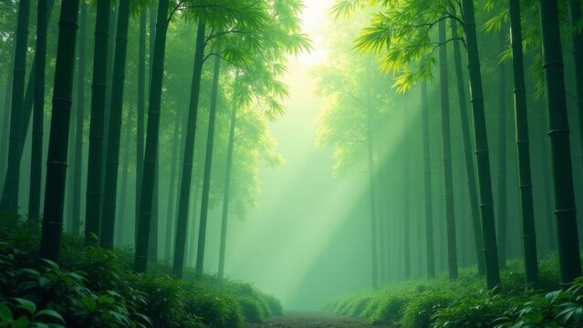 Serene Path Through a Misty Bamboo Grove, Sunlight Illuminating the Lush Green Canopy, Creating an Enchanting Atmosphere of Tranquility and Natural Beauty