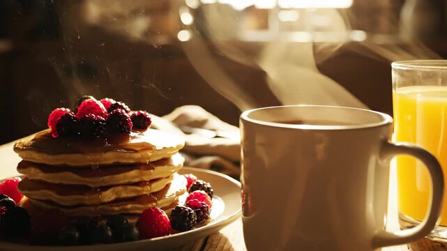 Delicious stack of pancakes with fresh berries and hot coffee.