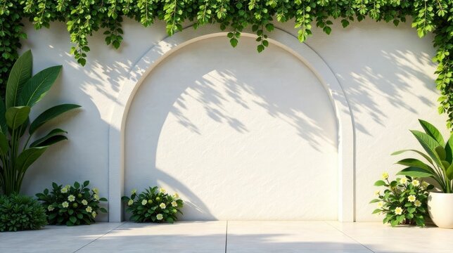 Serene Garden Oasis White Wall Archway with Lush Greenery and Blooming Flowers
