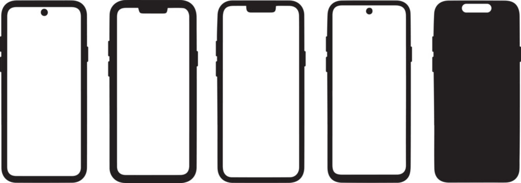  Realistic Smartphone Mockup Collection. Front View Device with Transparent Screens in 3D, Flat and Line Style Vector Illustration