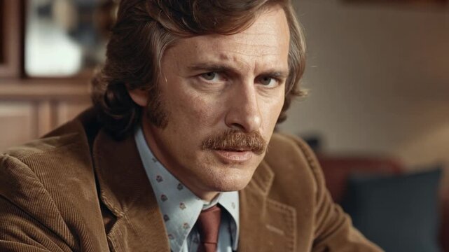 Serious middle aged man with mustache wearing vintage brown jacket and patterned shirt in cozy indoor setting