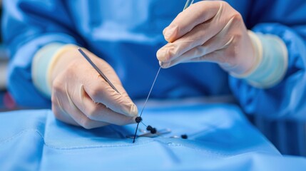 Surgical Procedure with Hands Holding Needle and Thread Over Blue Fabric in Medical Environment