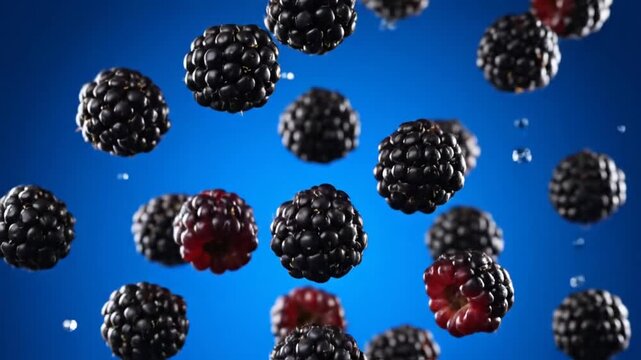 Juicy ripe blackberries and raspberries gracefully descend through a vibrant blue space, surrounded by refreshing water droplets, highlighting their natural allure and freshness