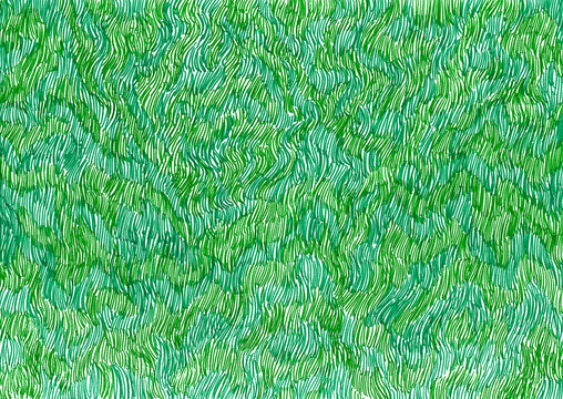 Organic abstract background made of flowing green, turquoise lines. Short wavy lines. Colors alternate chaotically. Hand drawn with markers. Perfect for fabric, packaging, wallpapers, wrapping paper.