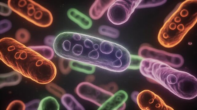 Colorful microscopic bacteria cells floating in dark background science illustration