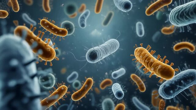 Close up 3D illustration of bacteria and microorganisms floating in a microscopic environment for science and health