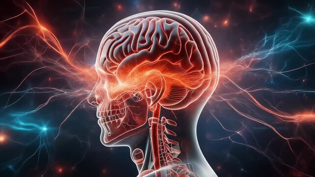 Detailed digital illustration of human brain and nervous system highlighting neural connections and brain activity