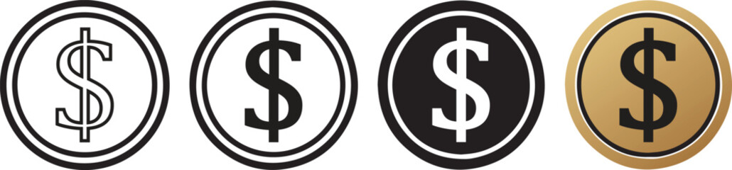  Dollar Coin Icons Set. US Dollar Money, Finance, Currency and Banking Symbols Vector Illustration