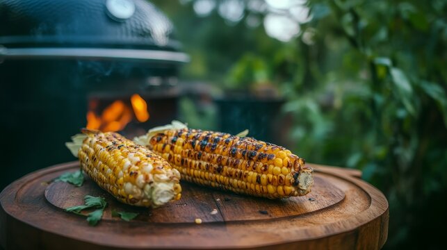 Grilled corn on the cob served on a wooden platter with BBQ grill in the background .