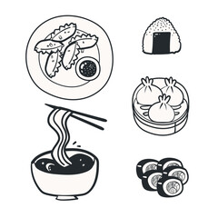 Hand drawn Japanese food stiker set in ink line style. Collection of sushi, ramen, onigiri, dumplings. Perfect for menu design, restaurant branding and Asian food projects.